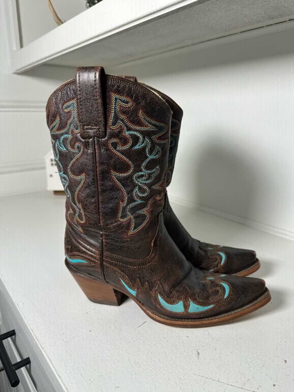 Corral Boots Womens 7M Brown Turquoise Inlay Western Cowboy Boots Embroidered - Picture 5 of 9
